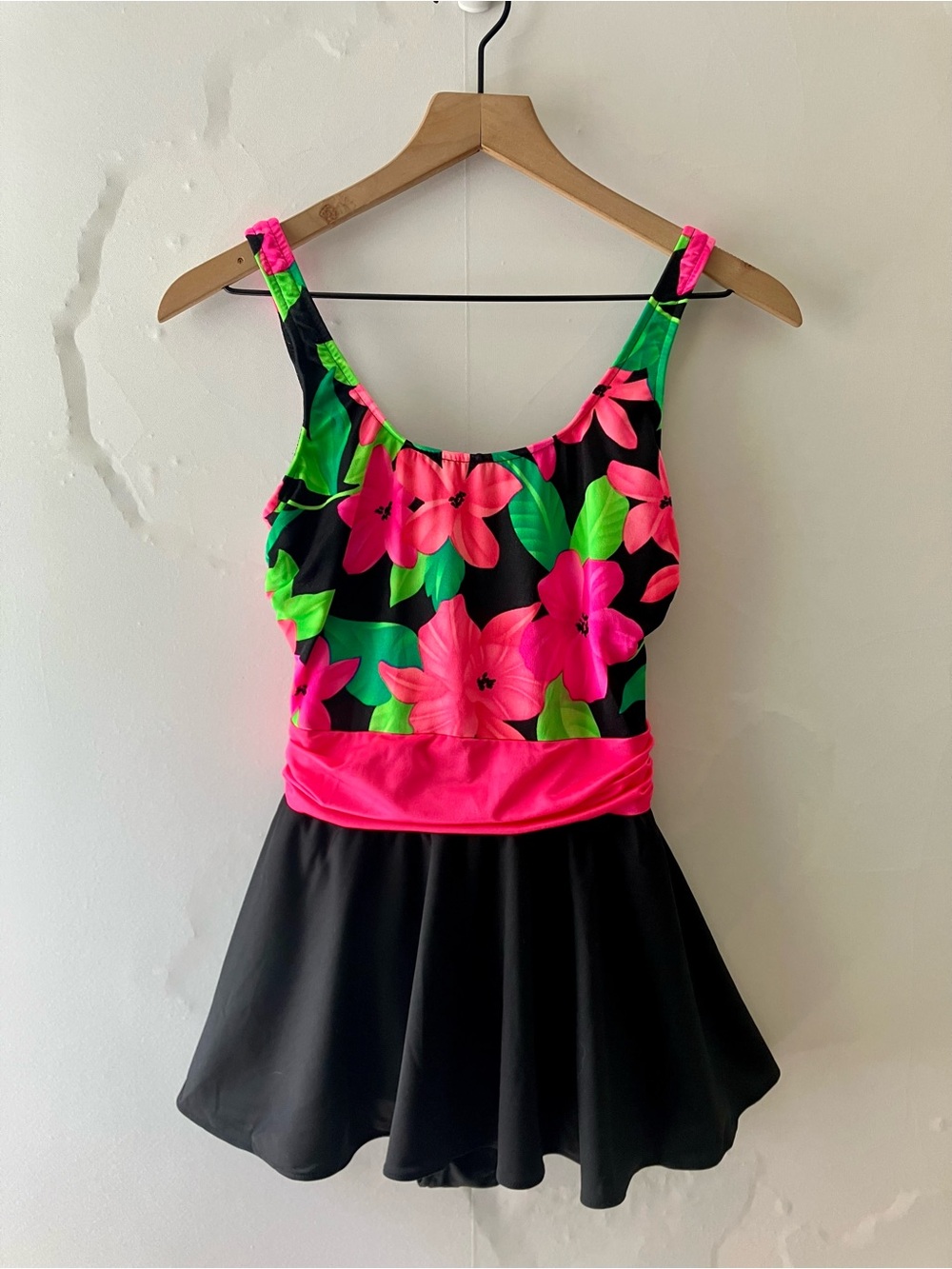 BASIC EDITIONS Hot Pink Tropical Skirted Floral One Piece Swimsuit